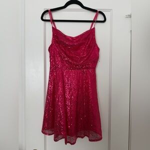 Hot Pink Sequin Cowl Neck Mini Dress